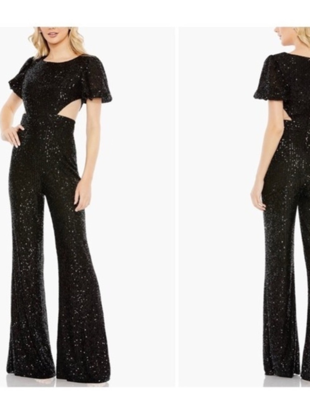 NWT Mac Duggal 11273vBlack Sequin Cutout Wide Leg Jumpsuit Size 2